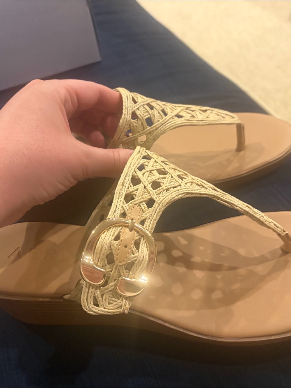 AEROSOLES Woven Tan Thong Sandals with Gold Buckle